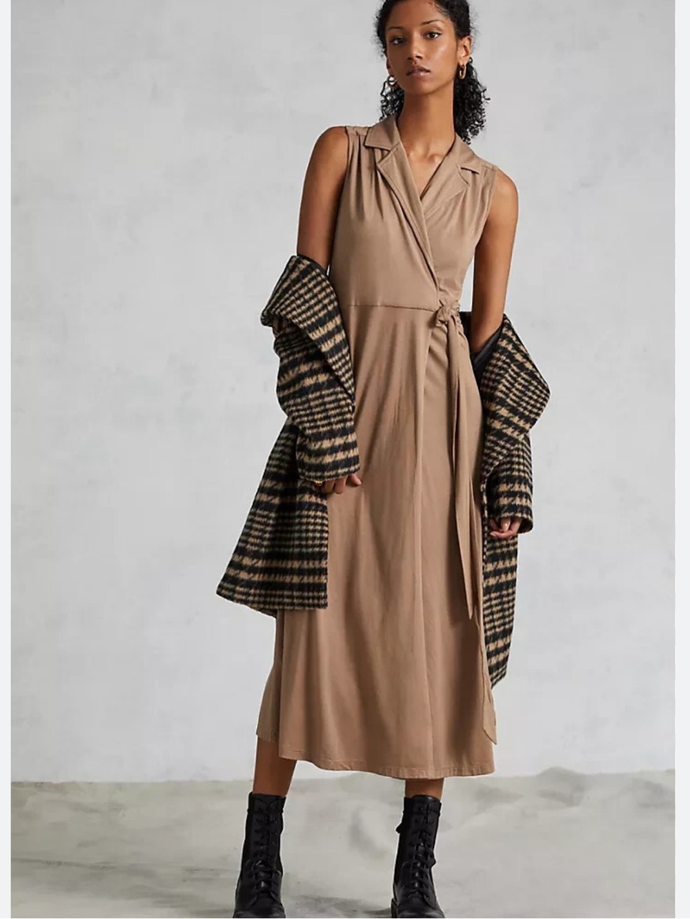 Anthropologie Porridge Sleeveless Wrap Midi Dress in Light Brown